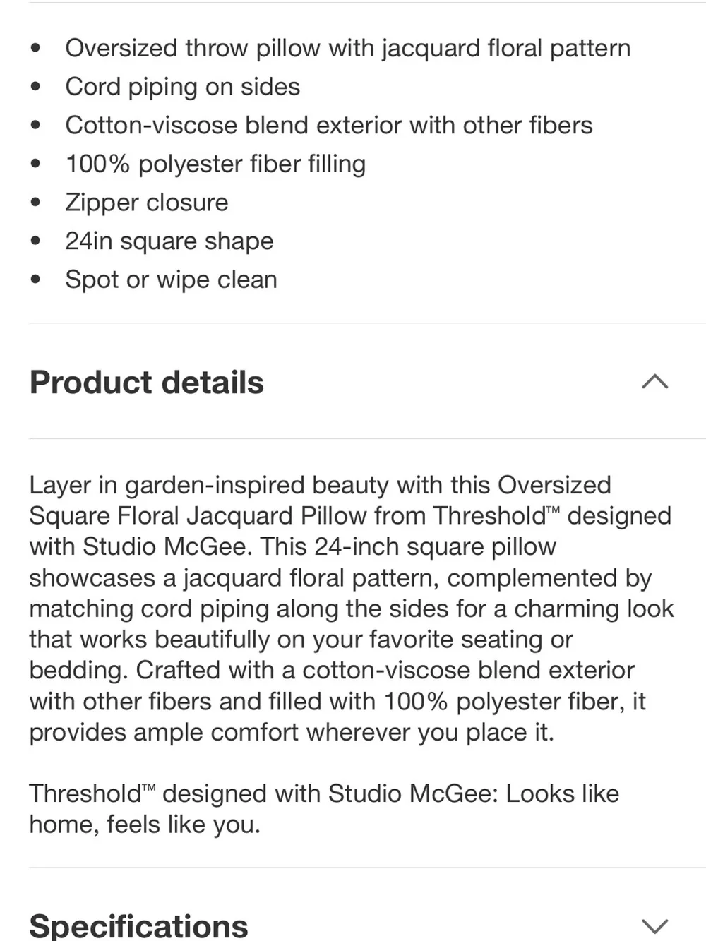 Studio McGee 24” Square Floral Jaquard Accent Pillow Green